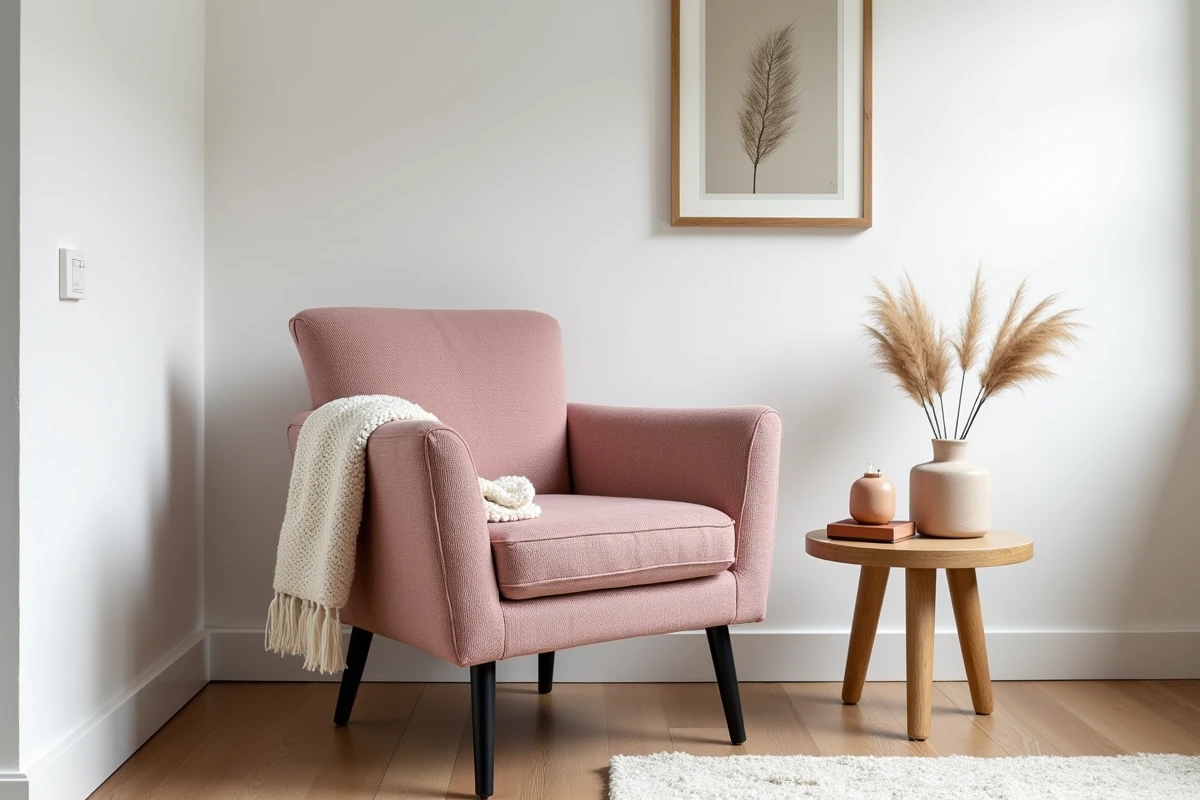 Fauteuil Voltaire rénové en tissu bouclé rose poudré dans une chambre style scandinave minimaliste