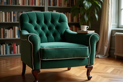 Fauteuil Voltaire rénové en velours vert forêt dans un salon haussmannien avec parquet en point de Hongrie