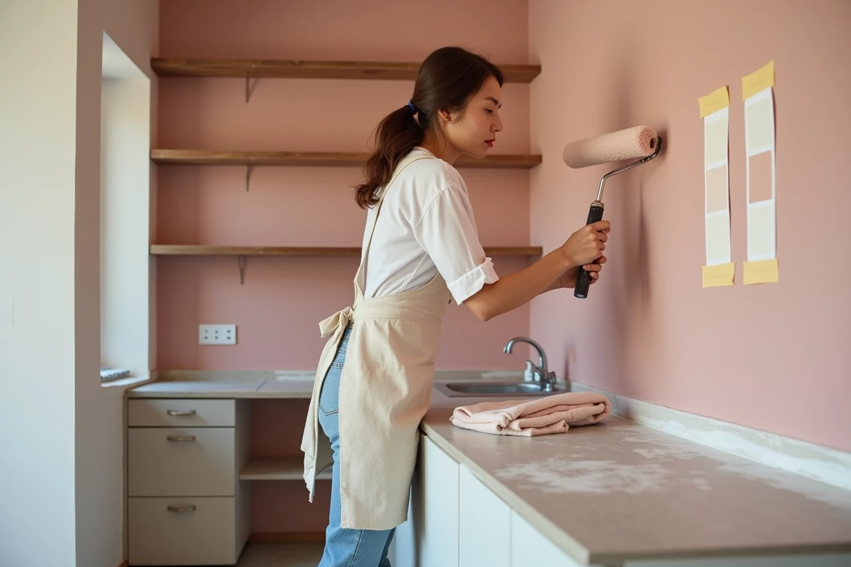 Femme appliquant une peinture rose douce sur un mur de cuisine en rénovation avec des échantillons de couleur et un rouleau