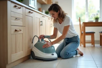Femme en jeans blanc assemble un aspirateur vapeur dans la cuisine