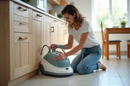 Femme en jeans blanc assemble un aspirateur vapeur dans la cuisine