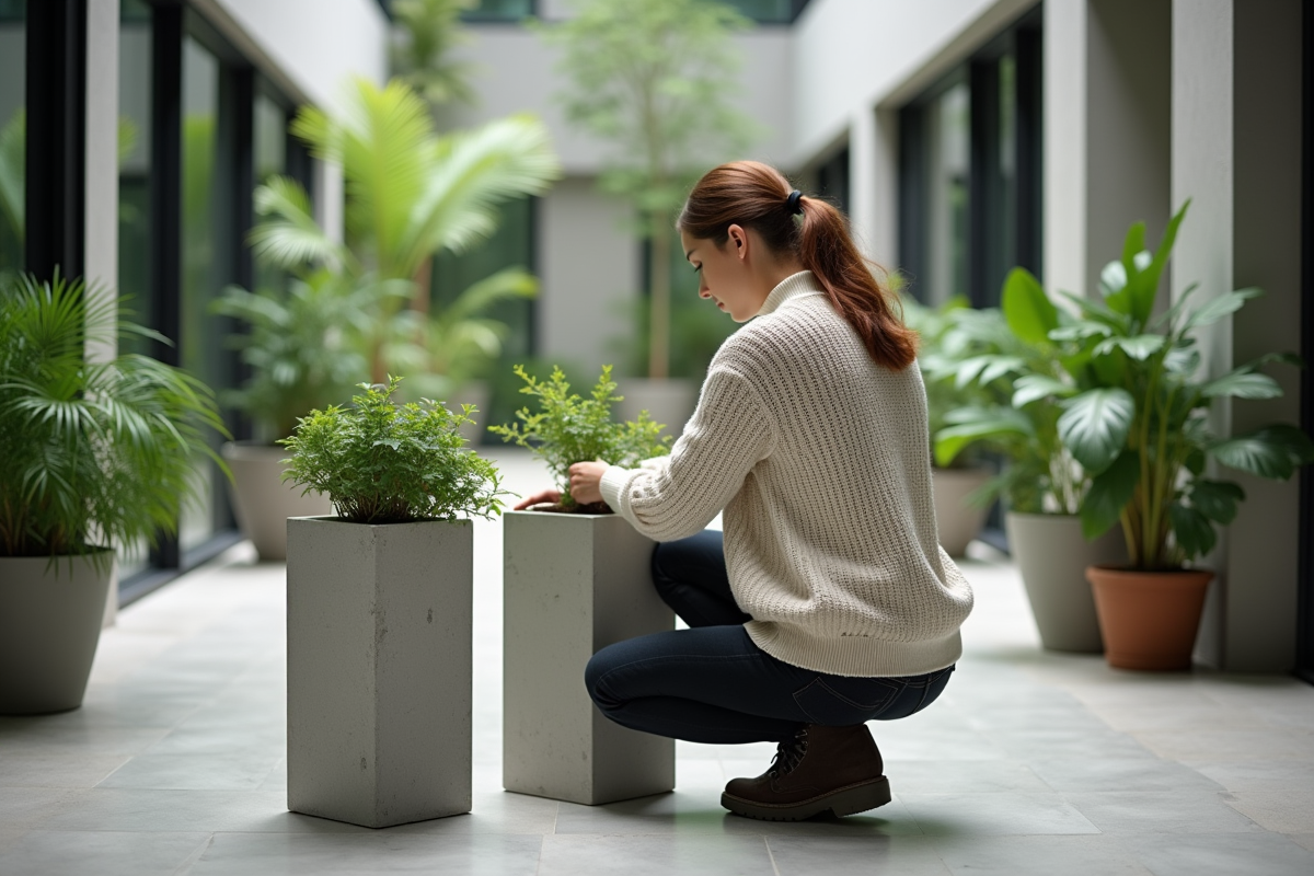 Jeune femme installant un petit bac en béton dans un atrium moderne
