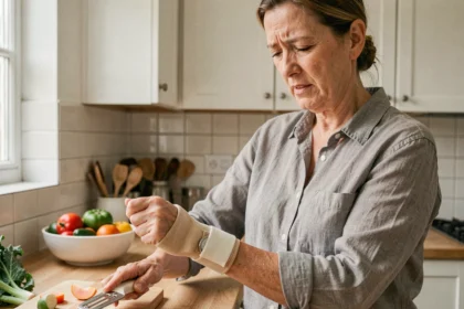 Femme portant une attelle de canal carpien tentant d'utiliser un économe dans une cuisine moderne