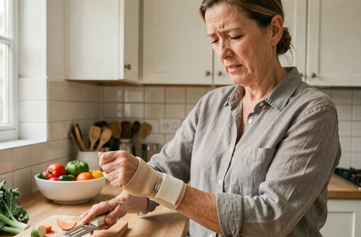 Femme portant une attelle de canal carpien tentant d'utiliser un économe dans une cuisine moderne