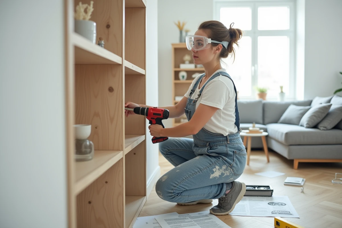 Femme assemblant une étagère avec une perceuse sans fil dans un appartement moderne lors d'un projet DIY