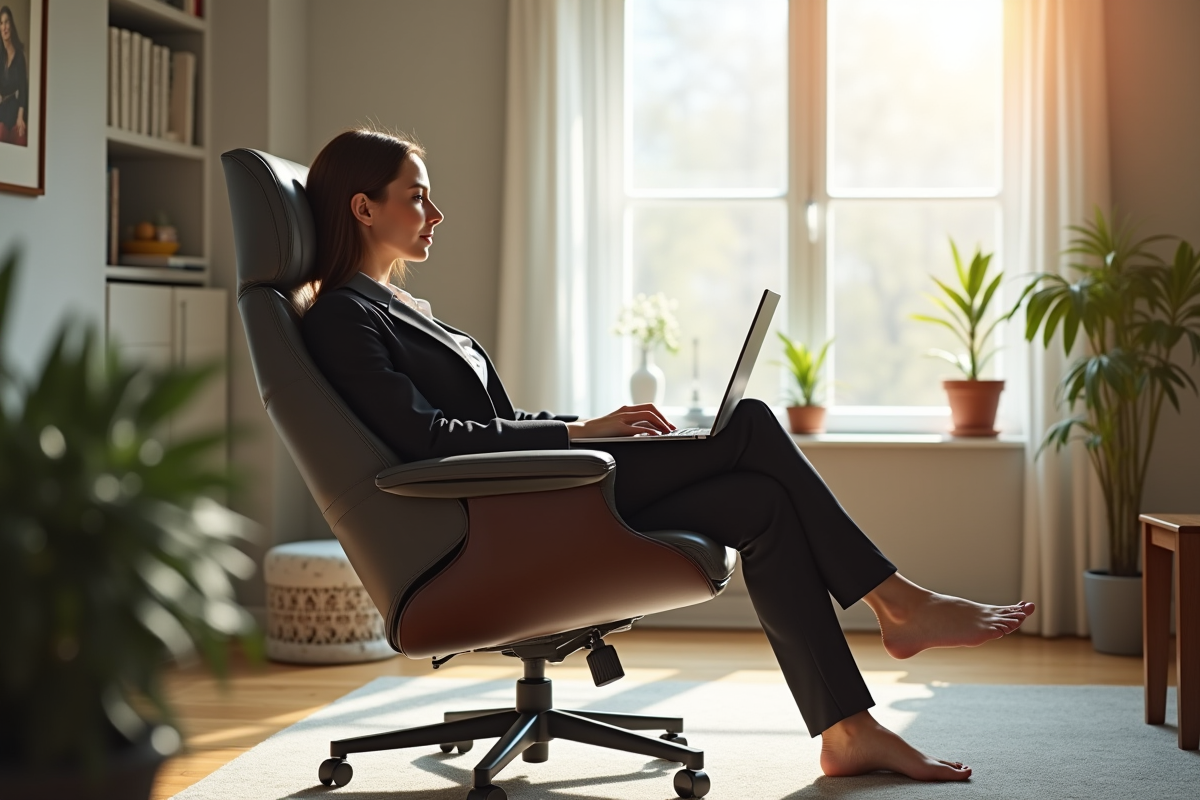 Femme en posture correcte dans un fauteuil ergonomique à la maison