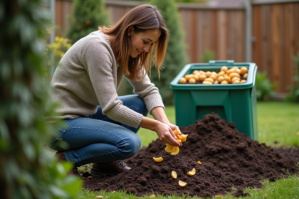 Femme en jeans et pull compostant dans le jardin