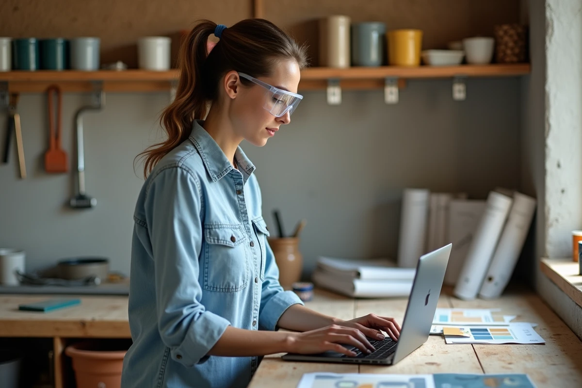 Femme consultant un site de bricolage en ligne dans un atelier de rénovation à domicile
