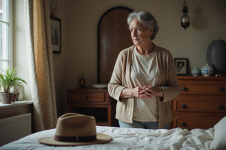 Femme contemplative près du lit avec chapeau en intérieur