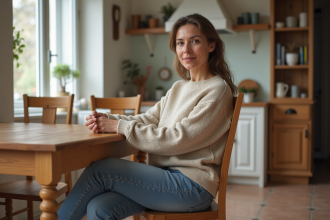 Femme en jean et pull dans une cuisine lumineuse