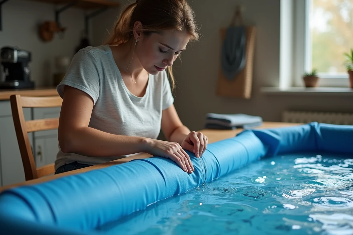Femme cousant une couverture de piscine à bulles bleue