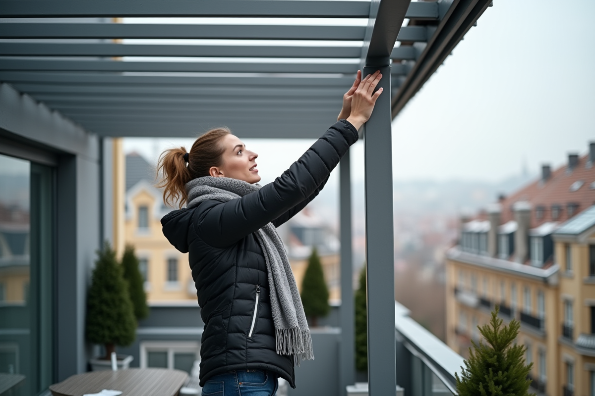 Femme posant une couverture sur une pergola en ville
