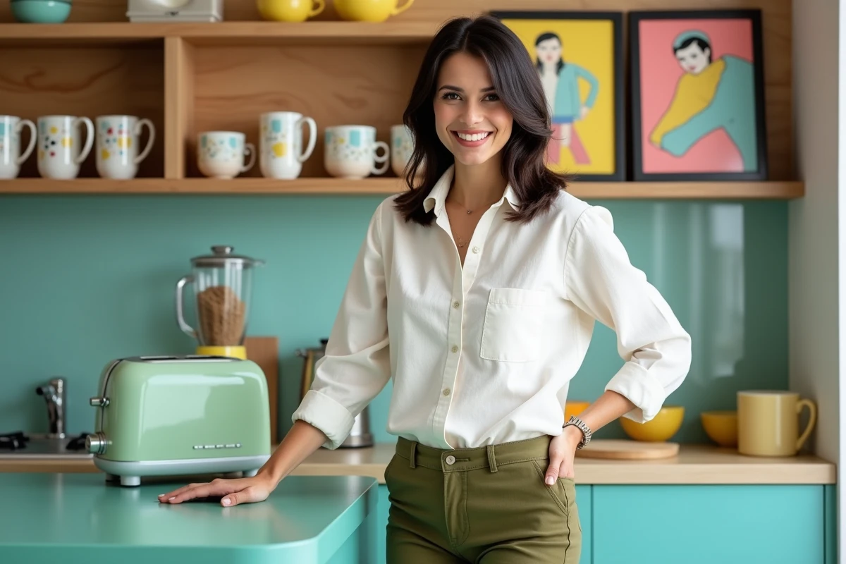 Femme souriante dans une cuisine pop design avec électroménager rétro coloré en vert menthe et jaune citron sur plan de travail teal