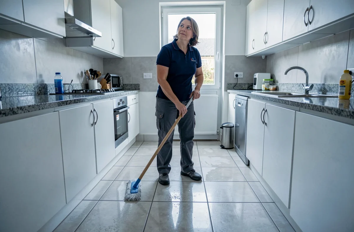Femme de ménage professionnelle nettoyant le sol d'une cuisine moderne à Pessac