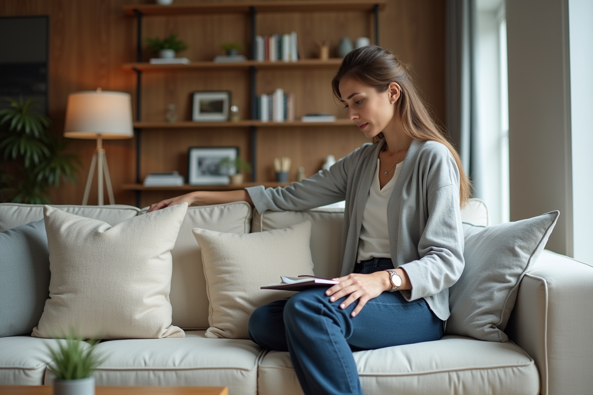 Femme arrangeant des coussins dans un salon moderne et accueillant