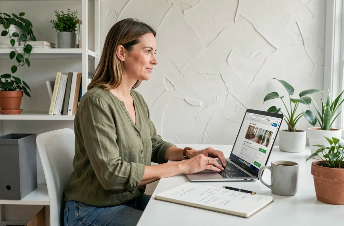 Femme consultant un site de devis en ligne pour des travaux de rénovation depuis son bureau à domicile