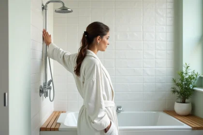 Femme en peignoir coupant l'eau de la douche dans une salle de bain moderne et écologique