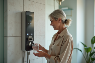 Femme utilisant un système de filtration d'eau dans la salle de bain