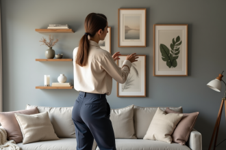 Femme élégante arrangeant une galerie d'art moderne dans un salon
