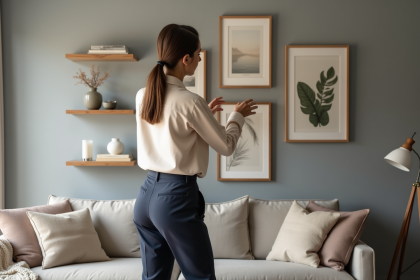 Femme élégante arrangeant une galerie d'art moderne dans un salon