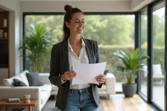 Femme d age moyen en blazer examine documents immobiliers