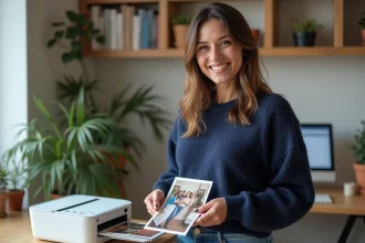 Femme souriante avec imprimante à la maison tenant une photo