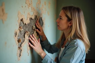 Femme inquiète examinant un mur moisi dans un appartement