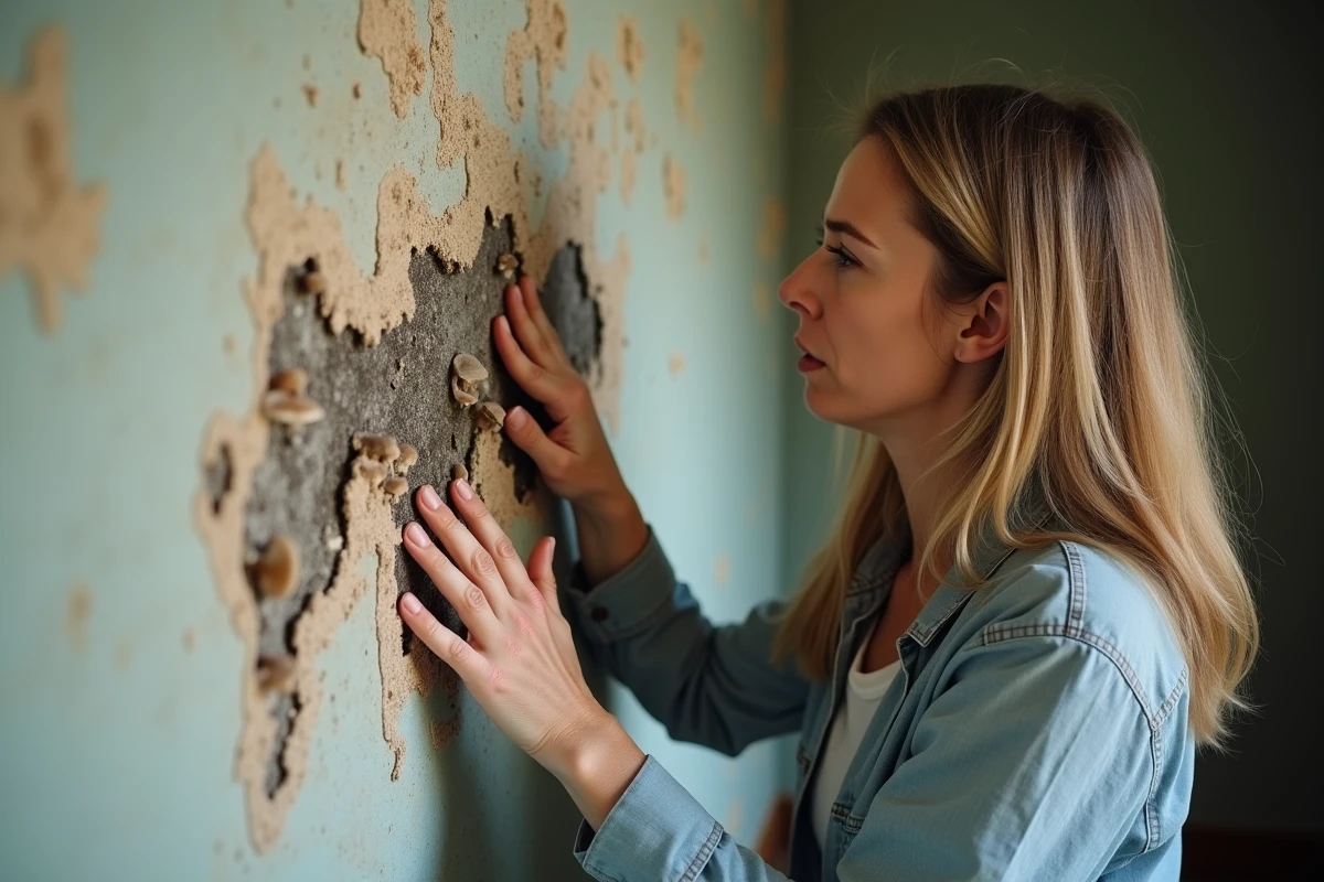 Femme inquiète examinant un mur moisi dans un appartement
