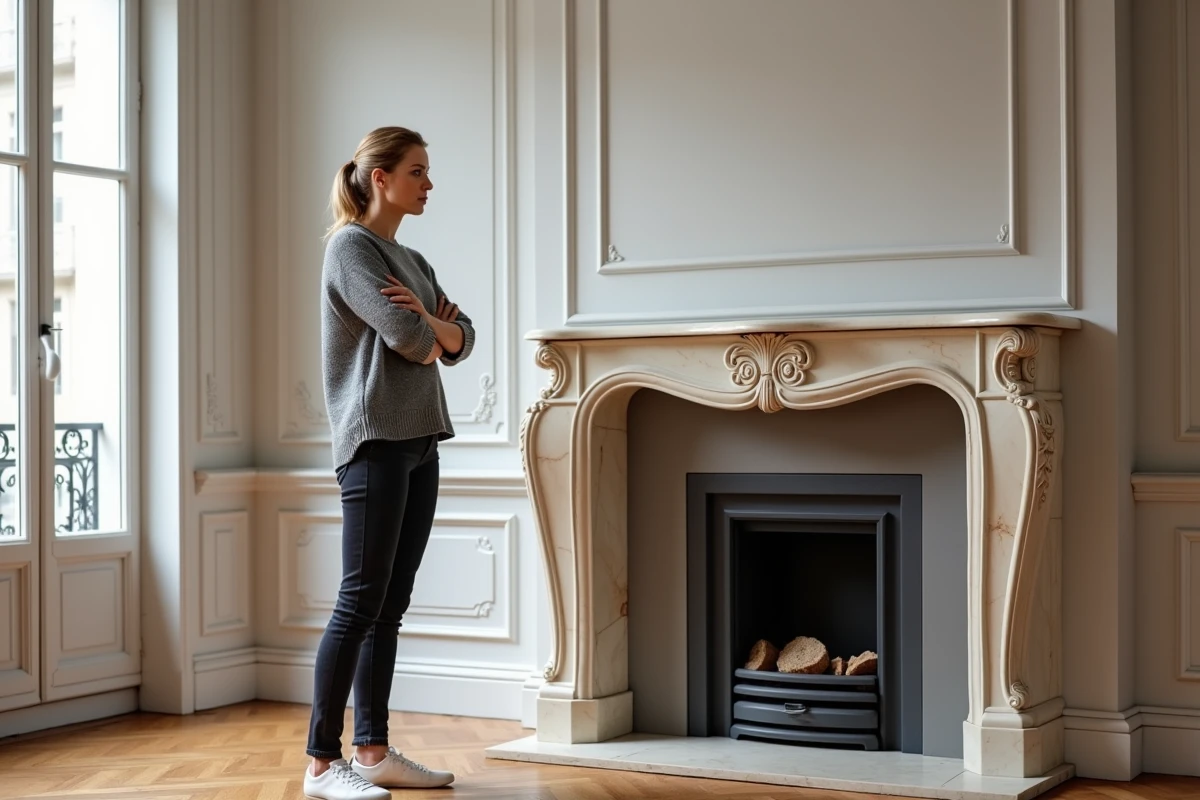 Femme inquiète face à un insert à granulé mal positionné dans une cheminée en marbre d'appartement haussmannien