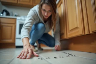 Jeune femme inquiète pointant des insectes dans la cuisine