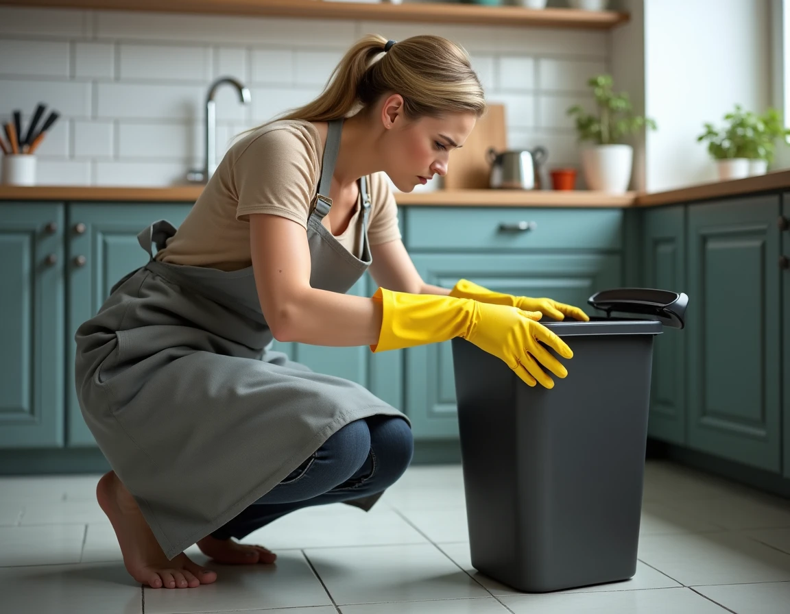 Femme en gants de protection inspectant une poubelle de cuisine suspectée d'être infestée d'asticots