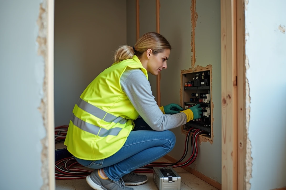 Femme auto-constructrice installant les composants d'une gaine technique logement GTL dans une maison en construction