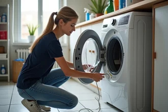 Femme débranchant une machine à laver dans une buanderie lumineuse