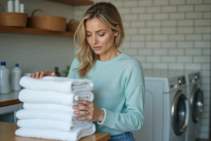 Femme examinant des serviettes dans la buanderie