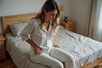 Femme assise sur le lit en pyjama se massant le dos