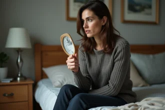 Femme contemplant un miroir cassé dans sa chambre