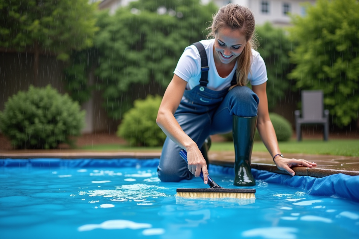 Femme souriante nettoyant la couverture de piscine après la pluie