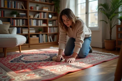 Femme nettoyant un tapis turc dans un salon chaleureux