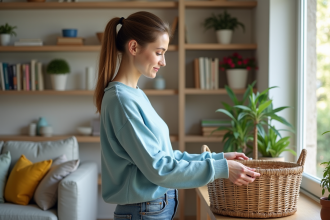 Femme arrangeant paniers de rangement dans un salon lumineux