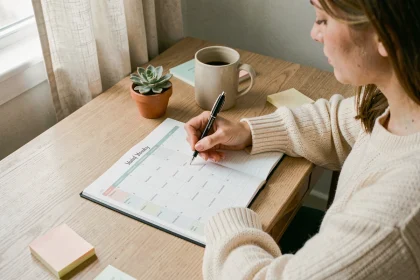 Femme personnalisant son semainier imprimé à son bureau en bois avec un stylo fin et des accessoires cosy