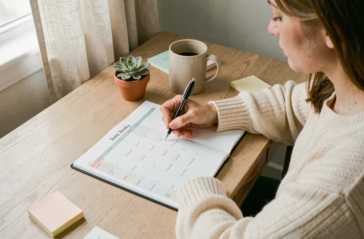 Femme personnalisant son semainier imprimé à son bureau en bois avec un stylo fin et des accessoires cosy