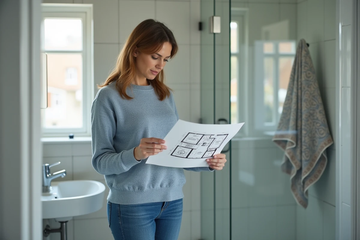 Femme examinant un plan de salle de bain moderne