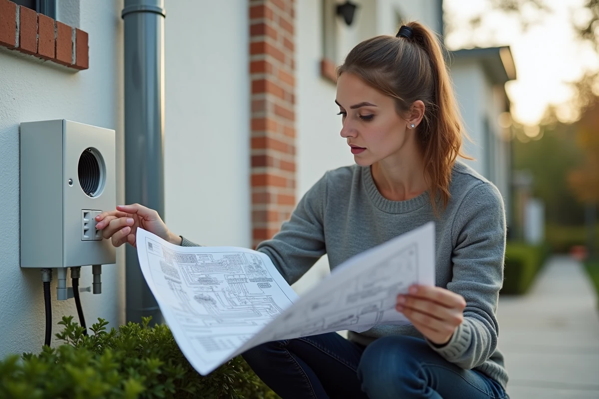 Femme &eacute;tudie un sch&eacute;ma &eacute;lectrique pour pompe &agrave; chaleur ext&eacute;rieure