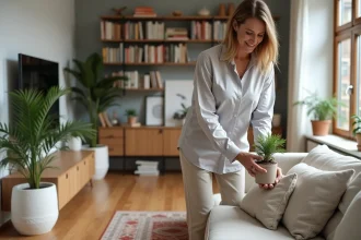 Femme d'âge moyen ajustant une plante dans un salon cosy