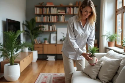 Femme d'âge moyen ajustant une plante dans un salon cosy