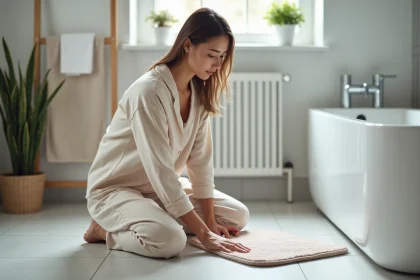 Jeune femme posant un tapis antid&eacute;rapant dans la salle de bain