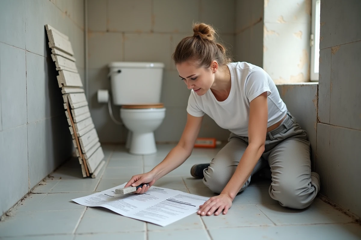 Femme posant du carrelage dans une salle de bain en rénovation en suivant un tutoriel imprimé étape par étape