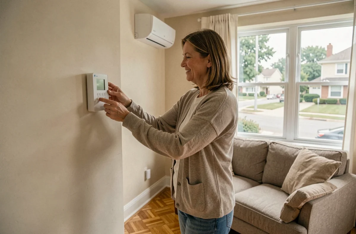 Femme réglant le thermostat d'une pompe à chaleur Daikin dans un salon moderne et confortable
