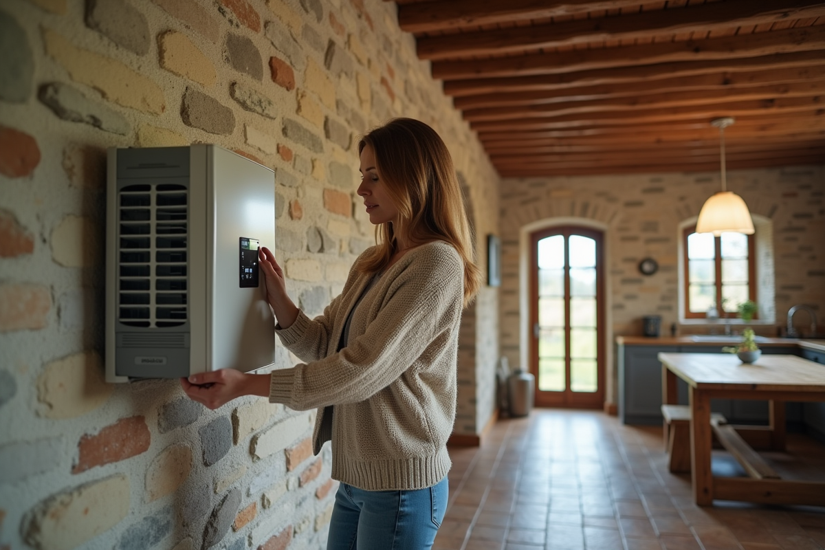 Femme réglant un thermostat dans une cuisine rustique