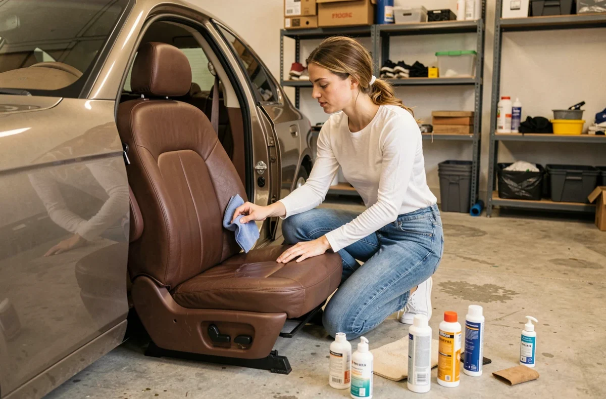 Femme appliquant un produit de finition sur un siège en cuir de voiture rénové dans un garage résidentiel